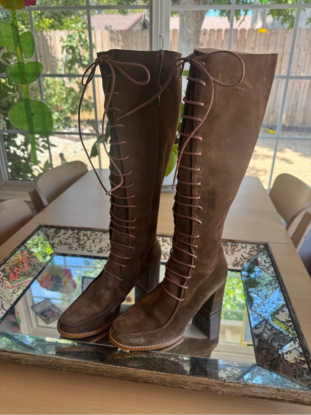 Sundance Brown Suede Lace-Up Tall Knee High Boots Leather Block Heel Size 37